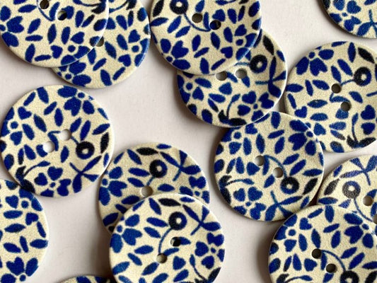 Blue & White Floral Buttons - 22mm